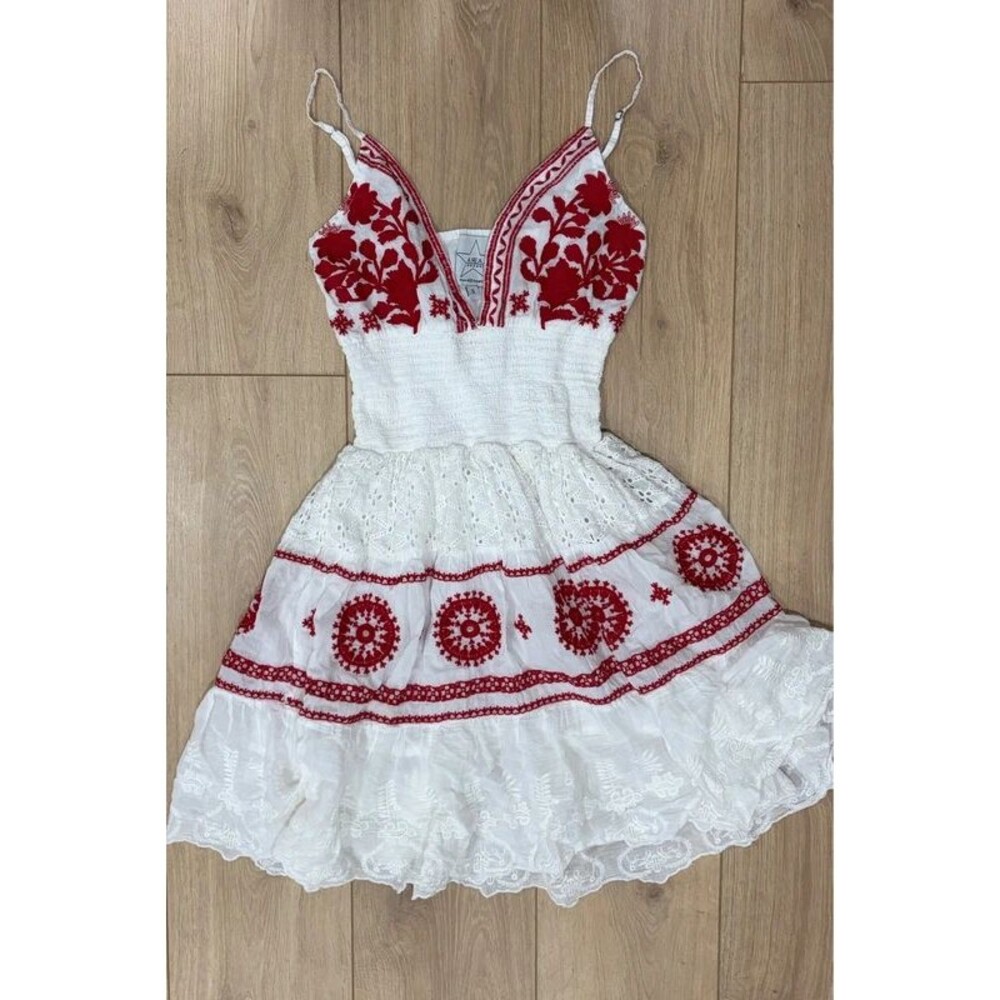 Area Stars Red White Embroidered Eyelet Smocked Mini Dress S